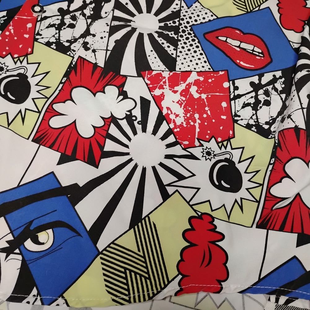 Blue Gear Comic Multi Color‎ Stretch Short Sleeve Button Abstract Graphics XL - Picture 4 of 16
